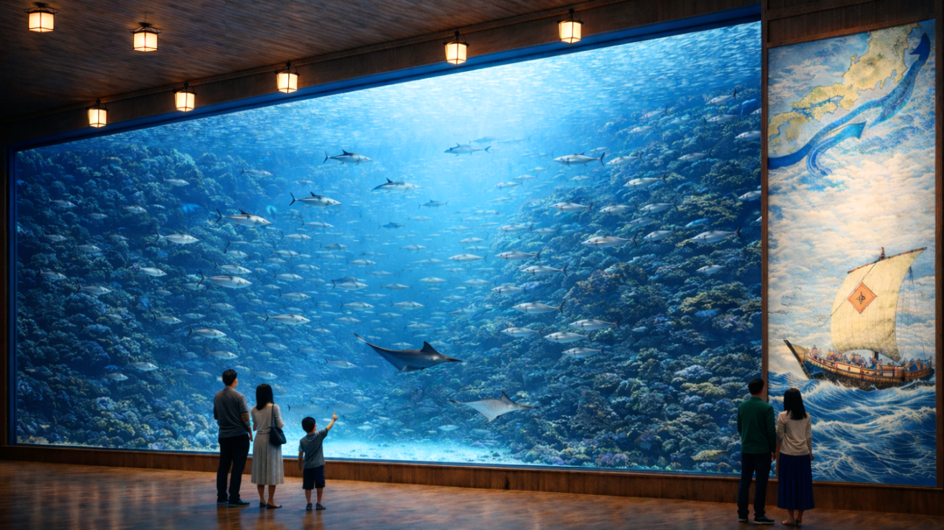 日本らしい意匠と水景を組み合わせた、和風水族館の館内イメージ。
