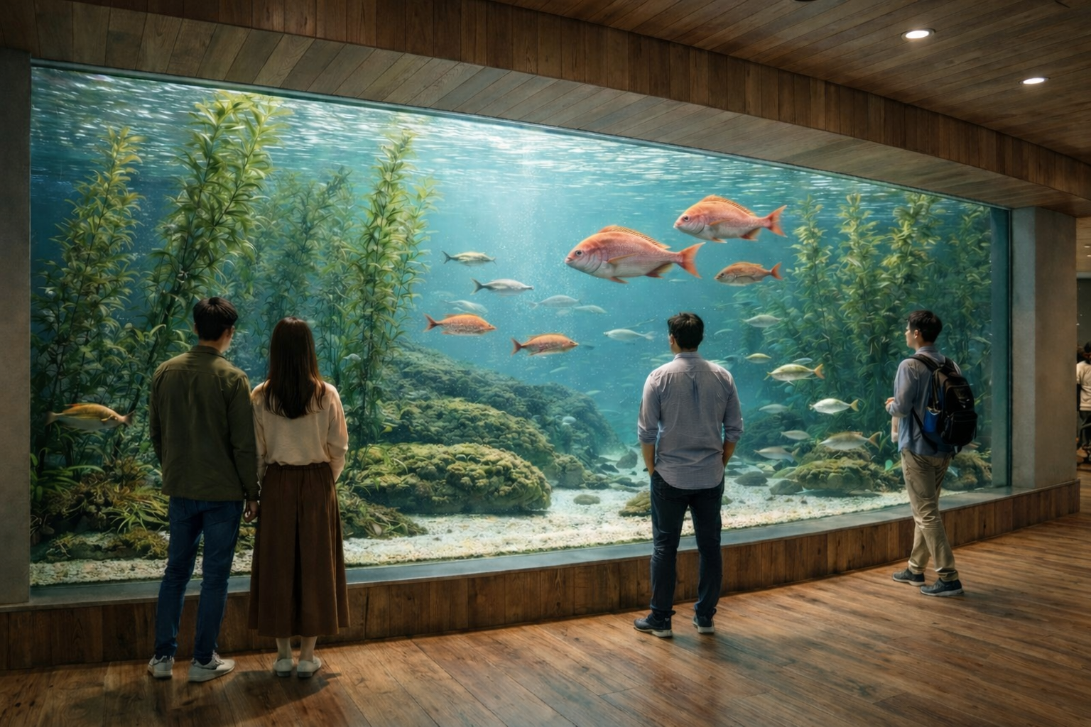 岩礁と海藻が広がる水中の展示イメージ