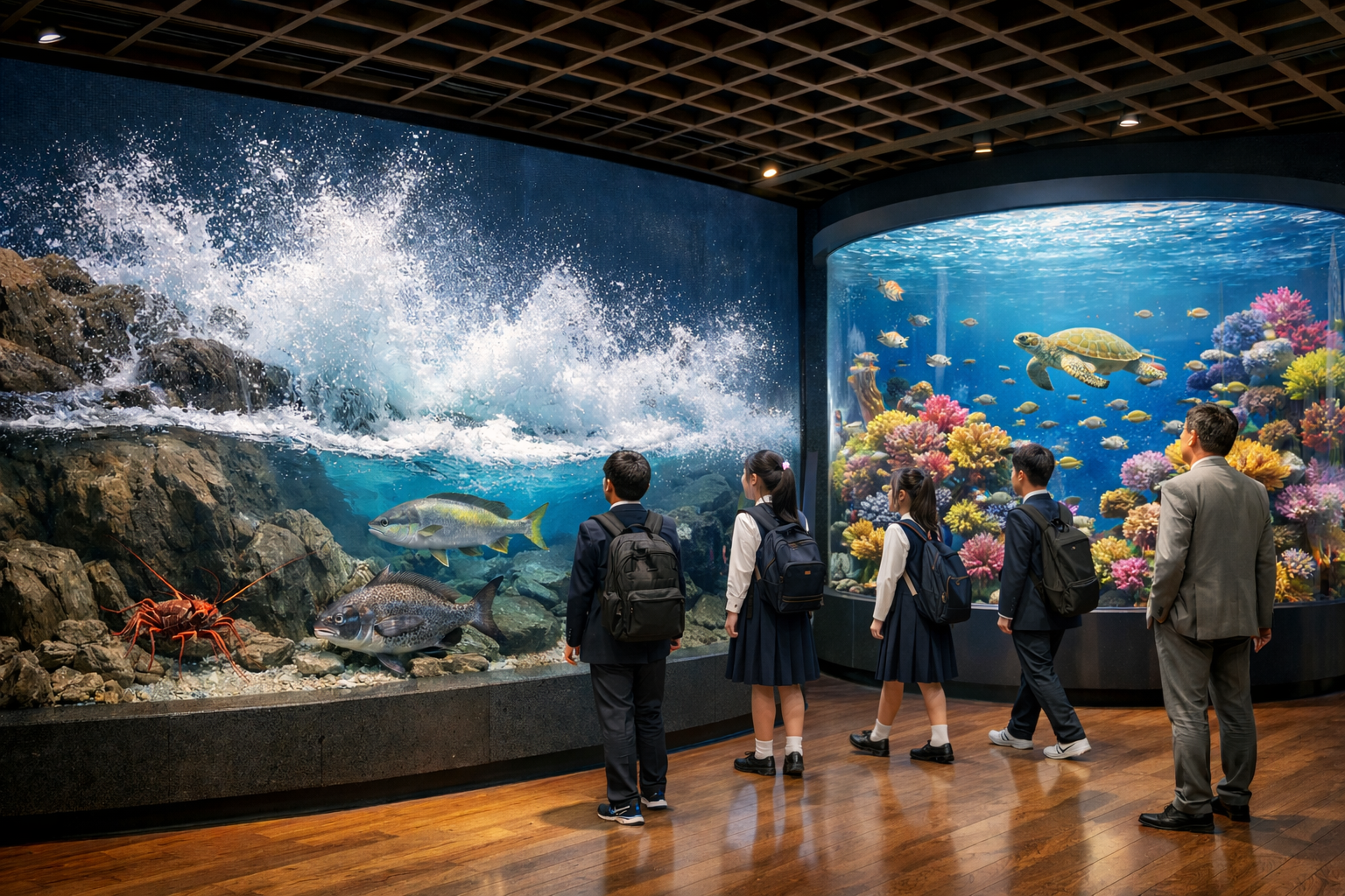 魚の群れが泳ぐ大水槽の展示イメージ