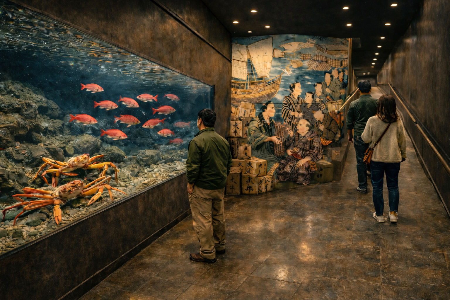 岩礁と海藻が広がる水中の展示イメージ