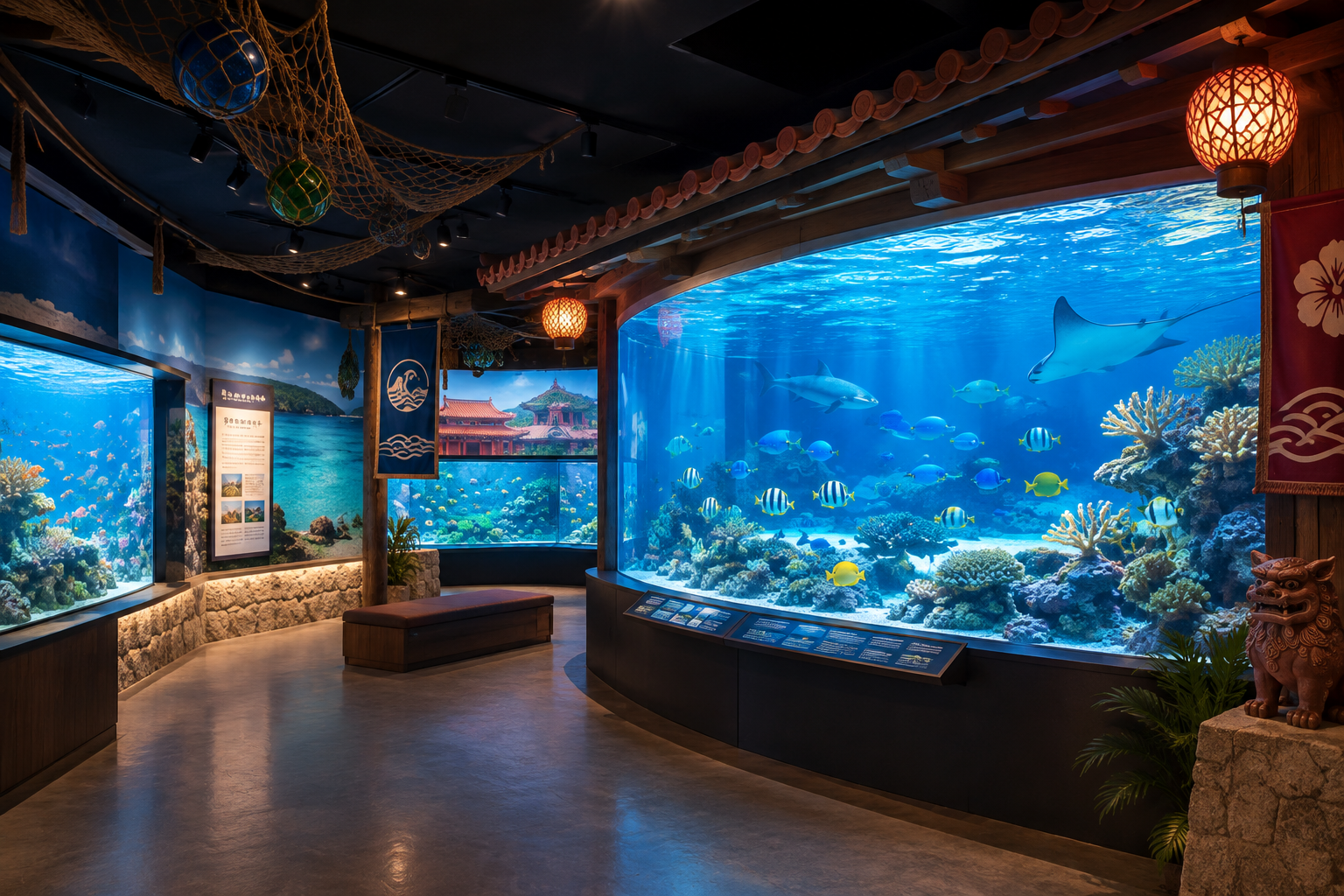 岩礁と海藻が広がる水中の展示イメージ