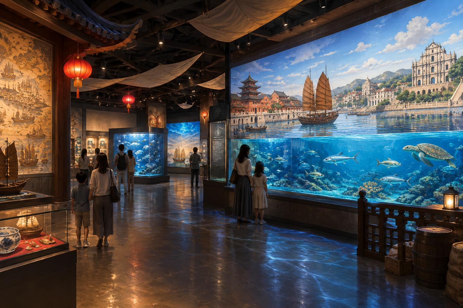 魚の群れが泳ぐ大水槽の展示イメージ